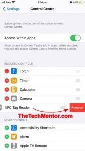 Remove NFC tag reader from iPhone Control Center - TheTechMentor.com